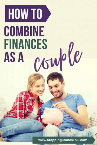 Long Pinterest pin of a couple putting savings into a piggy bank - how to manage money as a couple