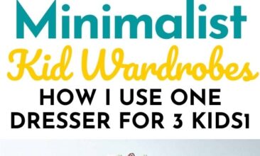 Pinterest pin with two images. One image is of kids clothes in a dresser drawer. Second image is of a dresser. Text overlay says, "Minimalist Kid Wardrobes: plus how to save space!"