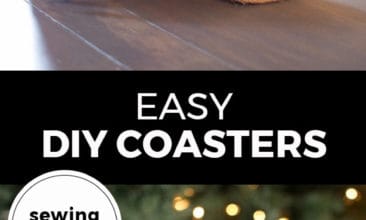 Longer Pinterest pin with two images. Top image is of a homemade coaster and gift wrapped coasters. Bottom image is of a mug sitting on a homemade coaster. Text overlay says, "Easy DIY Coasters: sewing optional!"