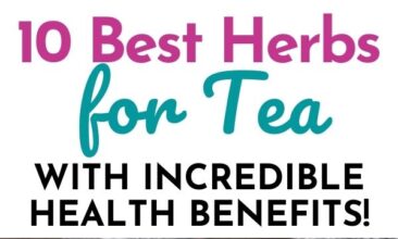 Pinterest pin with two images. One image is of gold spoons holding dried herbs and flowers. Second image is of a woman's hand holding a cup of tea with a slice of lemon in it. Text overlay says, "10 Best Herbs with Incredible Health Benefits - perfect for tea!"