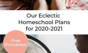 Pinterest pin collage of a child with a globe, and a child reading a book on a bed. Overlay text reads "Our Eclectic Homeschool Plans for 2020-2021"