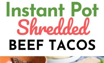 Pinterest pin; images are of shredded beef on tortillas with cilantro. Text overlay reads "Instant Pot Shredded Beef Tacos"