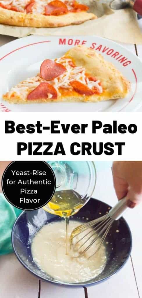 paleo pizza crust in two images with a title in the middle as a collage