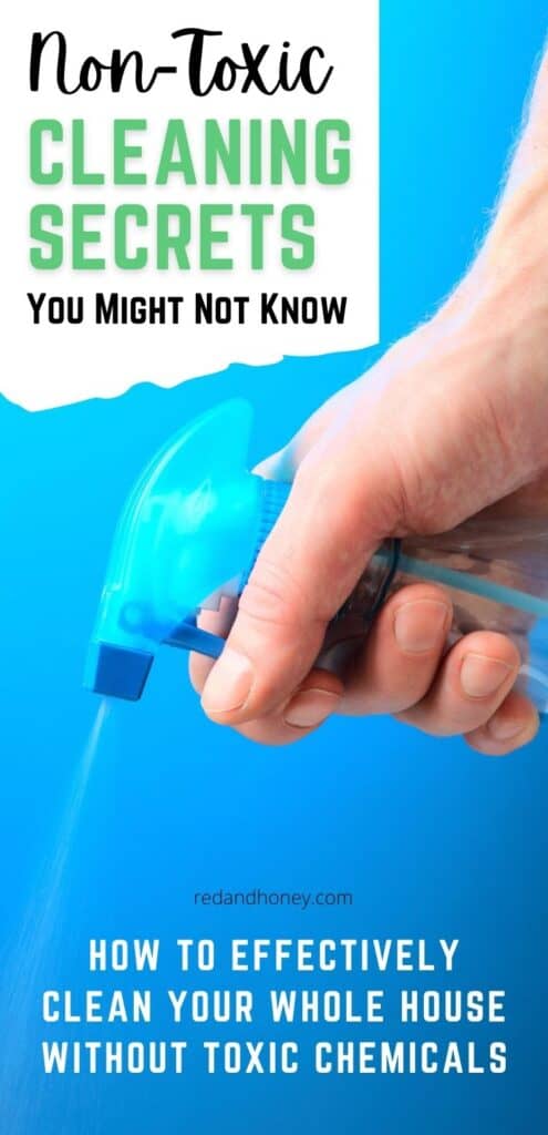 image of a hand spraying non toxic cleaning spray on a blue background, with text overlay.