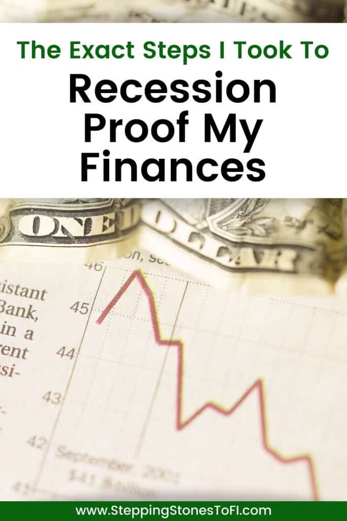 Long Pinterest pin of falling stock market graph and dollar bill with text "6 steps I took to recession proof my finances"
