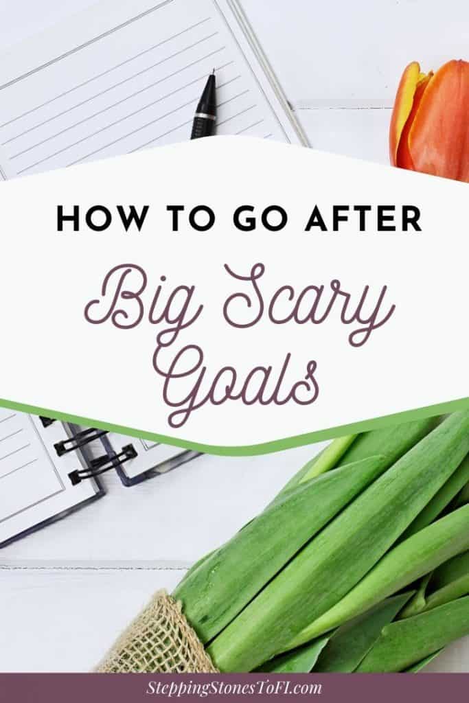 Long Pinterest image of journal on desk with orange tulips and text overlay "How to go after big scary goals"