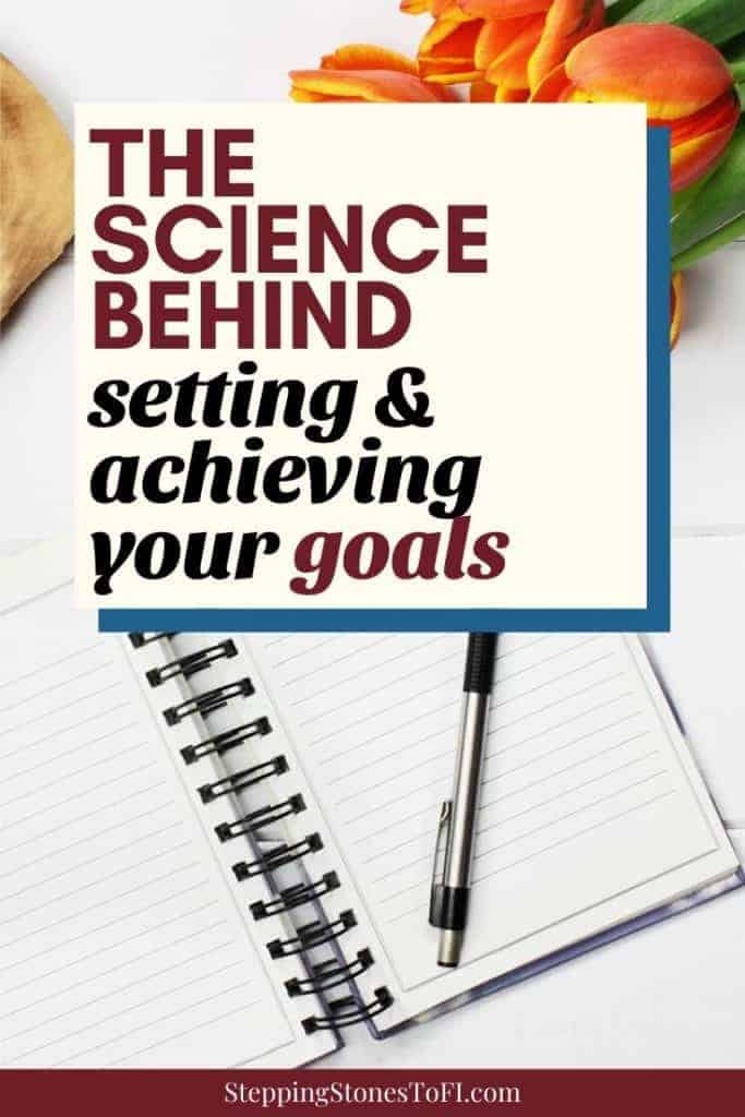Long Pinterest image of an open journal and pen on a desk with tulips and text "The science behind setting and achieving your goals"