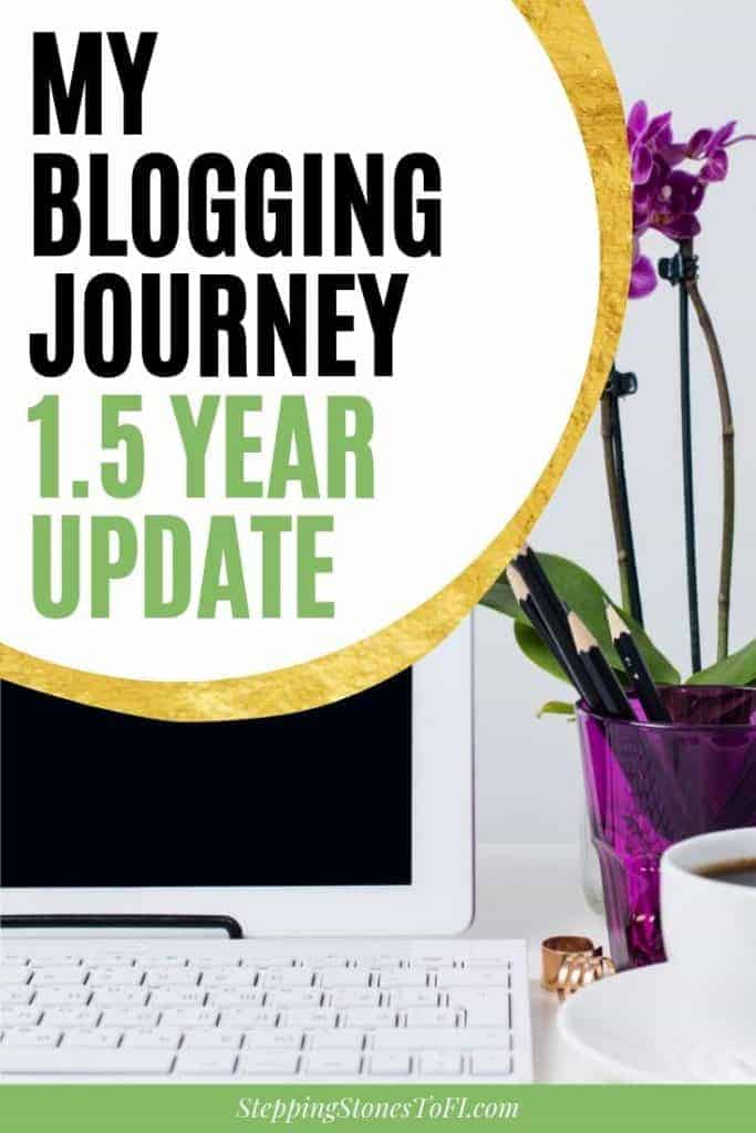 Long Pinterest image of feminine work desk with laptop and orchid and text "My Blogging Journey: 1.5 Year Update"