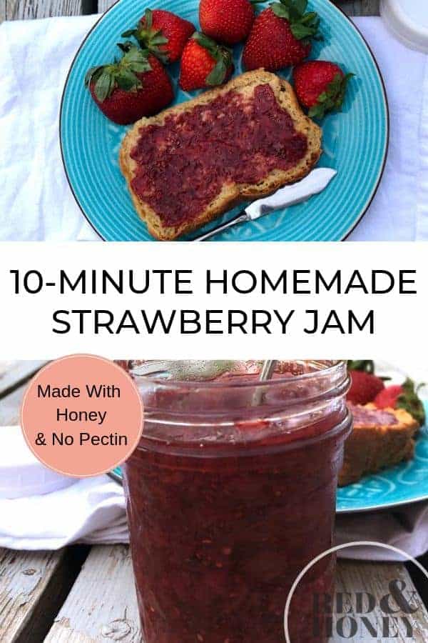 collage image of homemade strawberry jam on bread, and in a jar, with text overlay