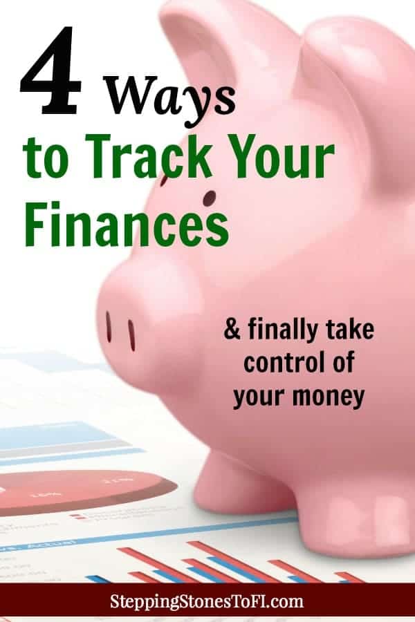 Long Pinterest image of a pink piggy bank and financial charts with text "4 ways to track your finances and finally take control of your money"
