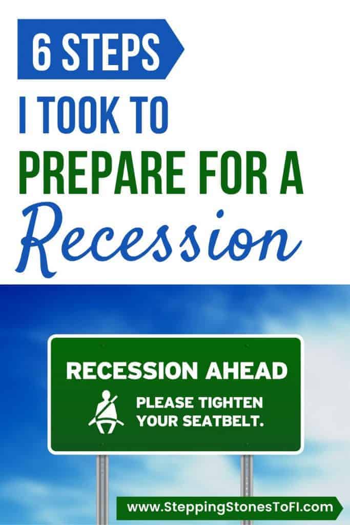 Long Pinterest pin of highway sign recession ahead and text "6 steps I took to recession proof my finances"