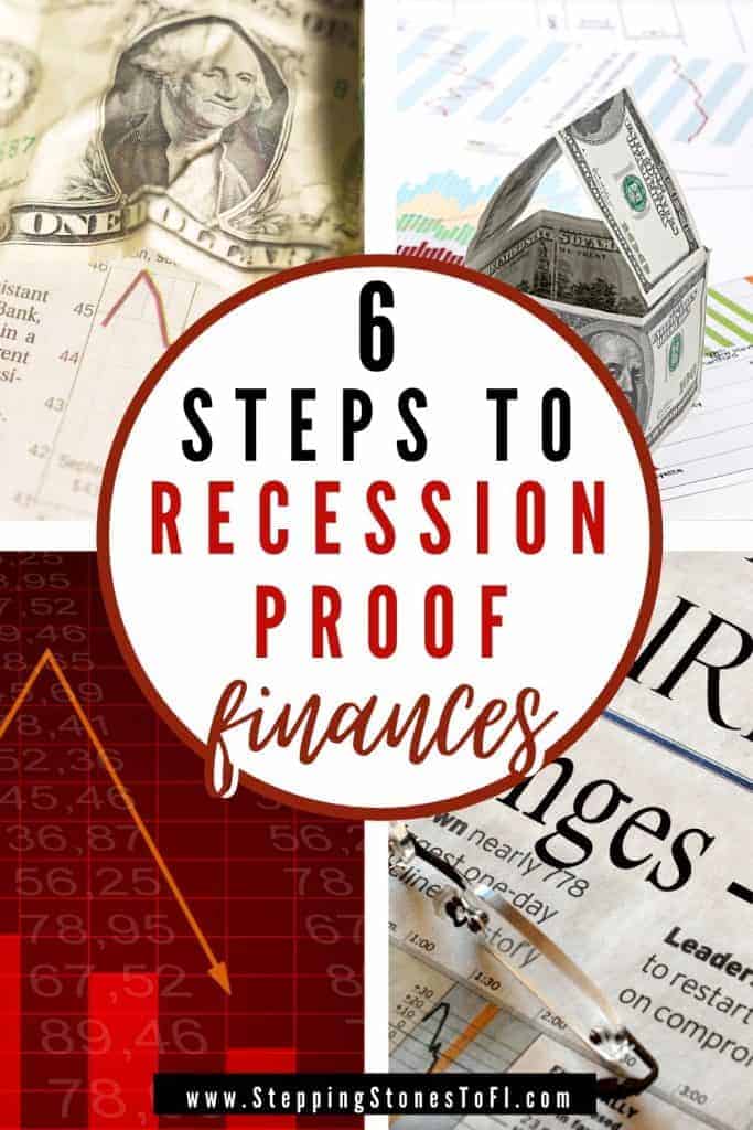 Long Pinterest pin of falling stock market graph and dollar bill with text "6 steps I took to recession proof my finances"