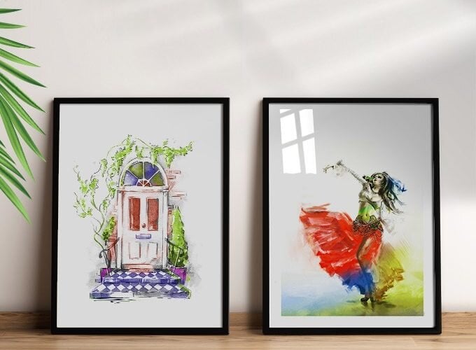 Image annonce: Femme Egyptienne Danseuse, Tableau Décoratif peinture aquarelle encadré en bois