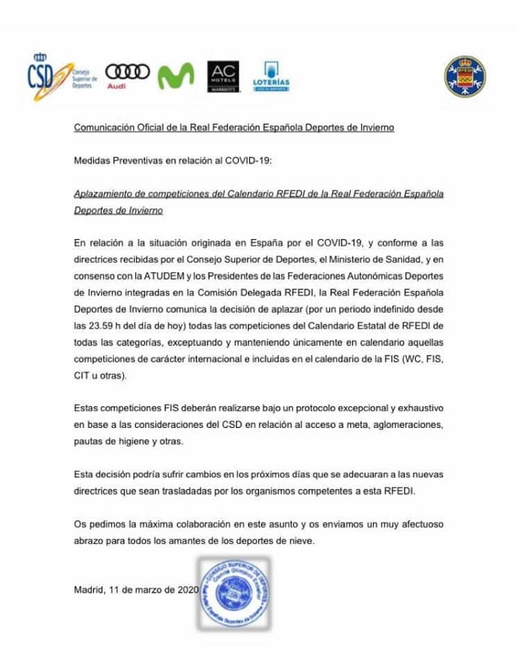 Comunicado de aplazamiento de competiciones del Calendario RFEDI