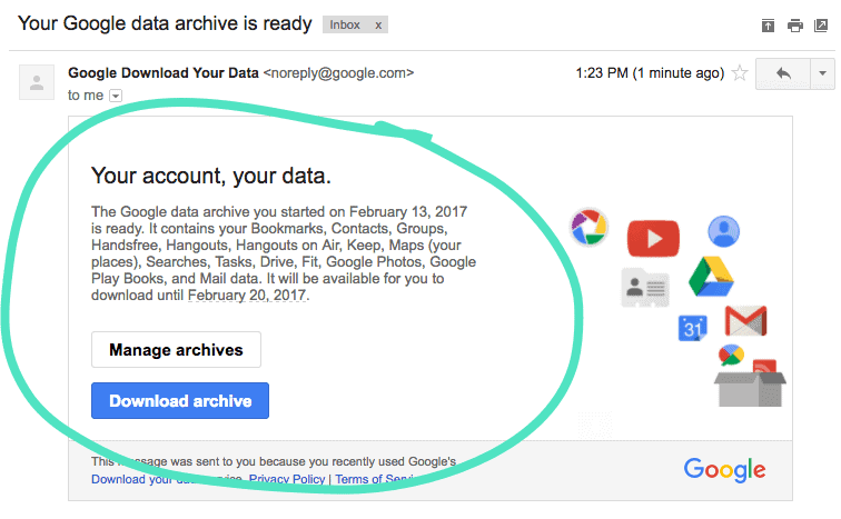 Google sent an email with a link to download your archive.