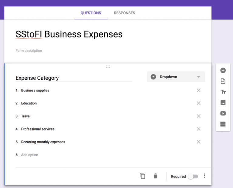 Screenshot of how to create Expense Categories within Google Forms as a dropdown menu for tracking daily expenses.