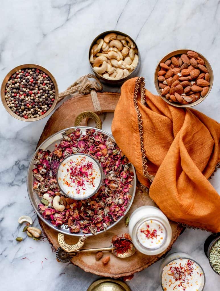 Thandai - Almond milk mixed with spices, rose petals and saffron