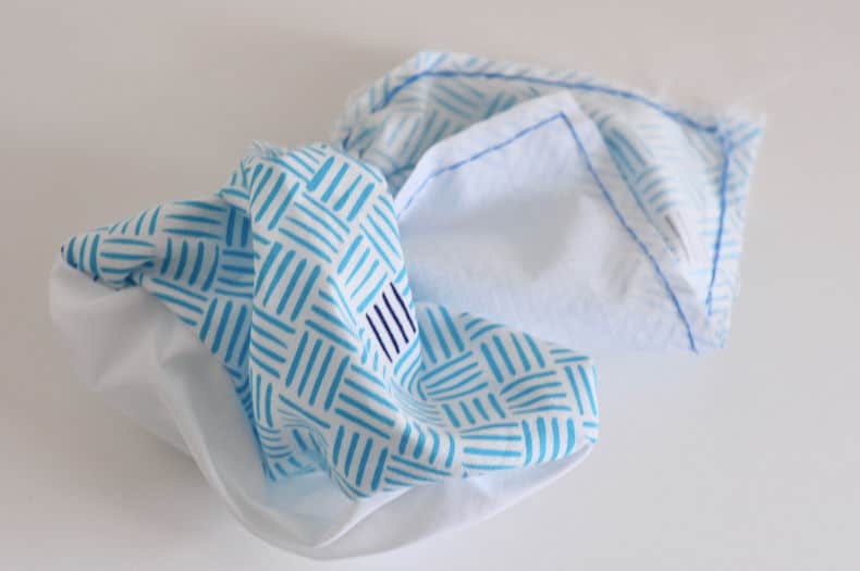 The snack bag is turned rightside out after the seams have all been sewn.