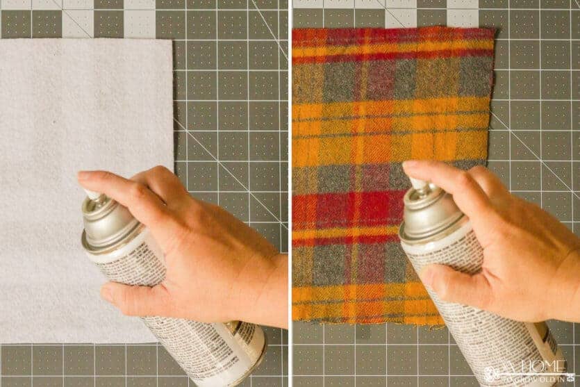 adhesive being sprayed on white felt and orange plaid flannel