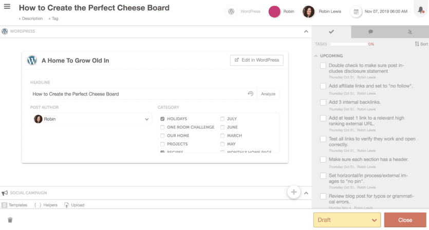 screenshot of CoSchedule WordPress blog project and tasks