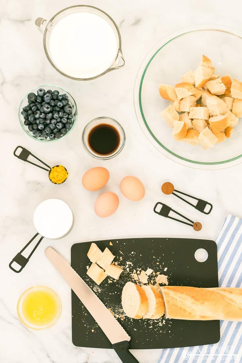 ingredients for lemon blueberry bread pudding