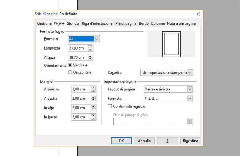 i margini in open office