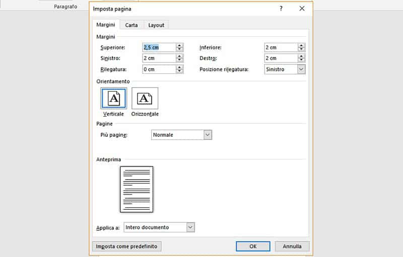 impostare i margini in microsoft word