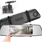 car rear view mirror with back up camera and pointing hand