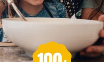 pinnable image with the post title and an image of a mom and daughter with a bowl of food