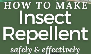 collage of images showing a close up of brown glass bottle of diy bug spray, and an image of a young girl covering her face while being sprayed with diy mosquito repellent in a backyard. with text overlay for pinterest.