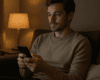 Man sits on a sofa in a dim living room, focused on a smartphone in his hands beside a warm-lit lamp.