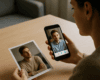 Person holds a printed photo of a man wearing a beige sweater while another man appears on a video call on a smartphone.