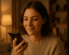 Young woman in a cozy living room glancing at and smiling at her smartphone in warm ambient lighting.