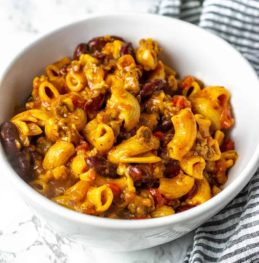 Instant Pot Chili Mac And Cheese in a white bowl