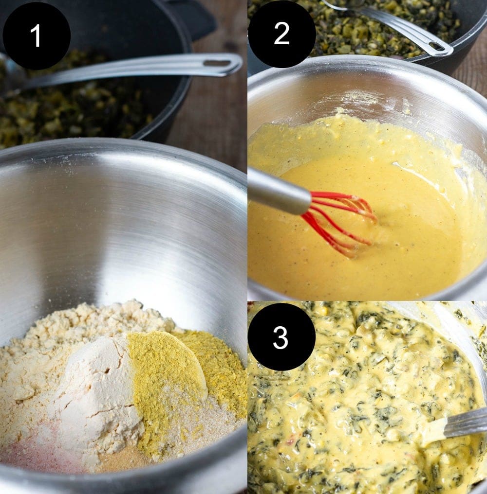 Jamaican callaloo fritters showing the 3 steps for the batter.