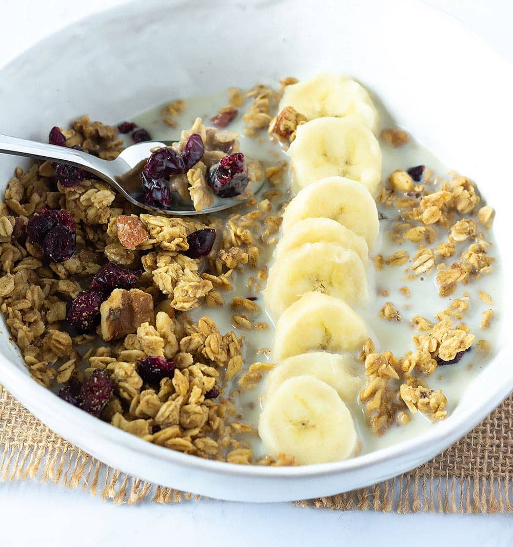 Oil-Free gluten-free granola bowl with banana slices
