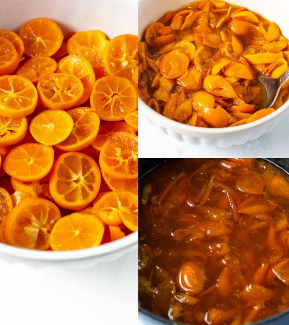 Kumquat marmalade steps from slices, to marinade and cooking in a pot