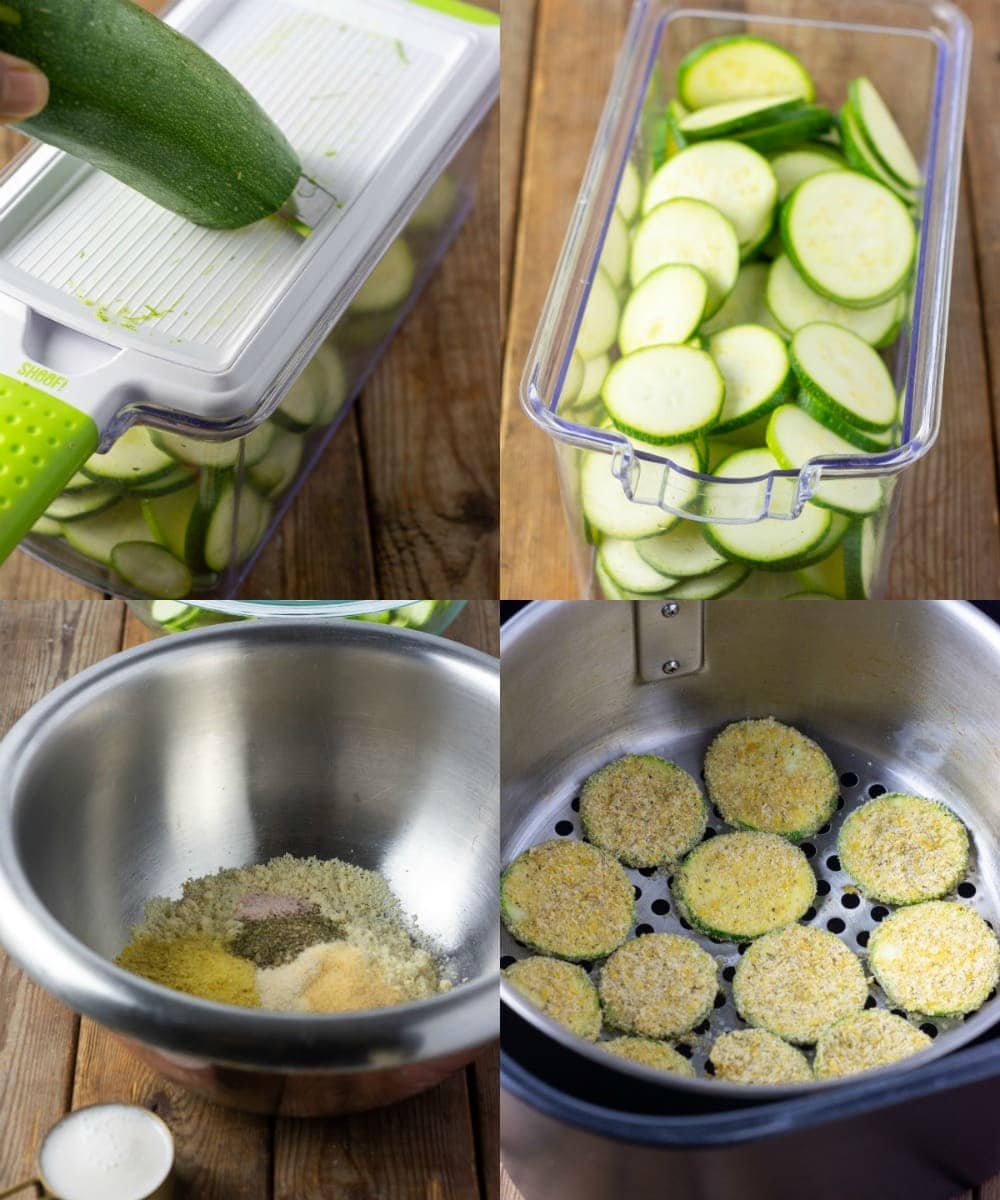 Step by step photos making zucchini chips, photo 1 slicing, photo 2 slices in a container photo 2 breading and almond milk, photo 3 zucchini chips in air fryer