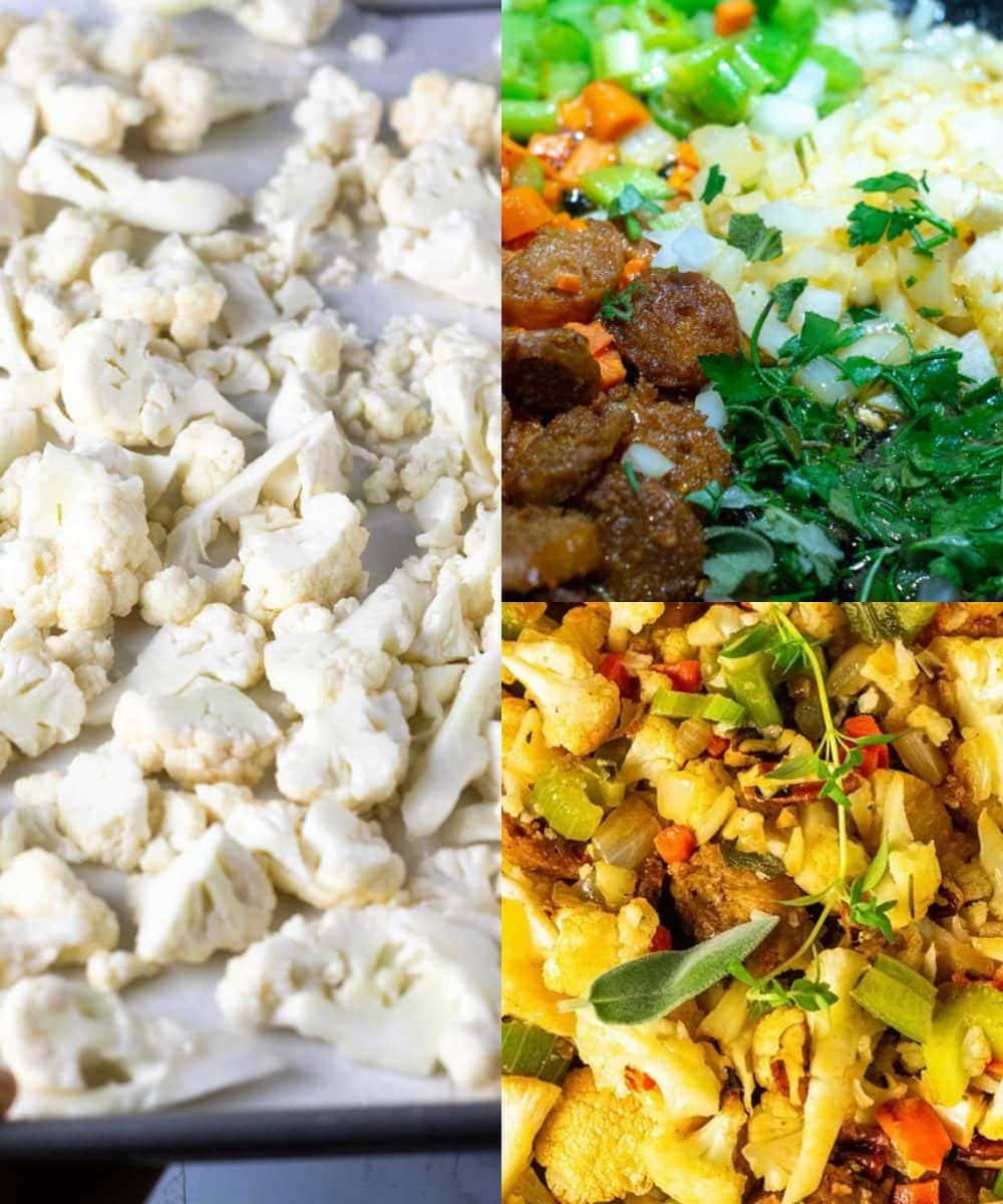 Step by step images of making vegan cauliflower stuffing, shower, cauliflower florets, sauteing sausage, and veggies