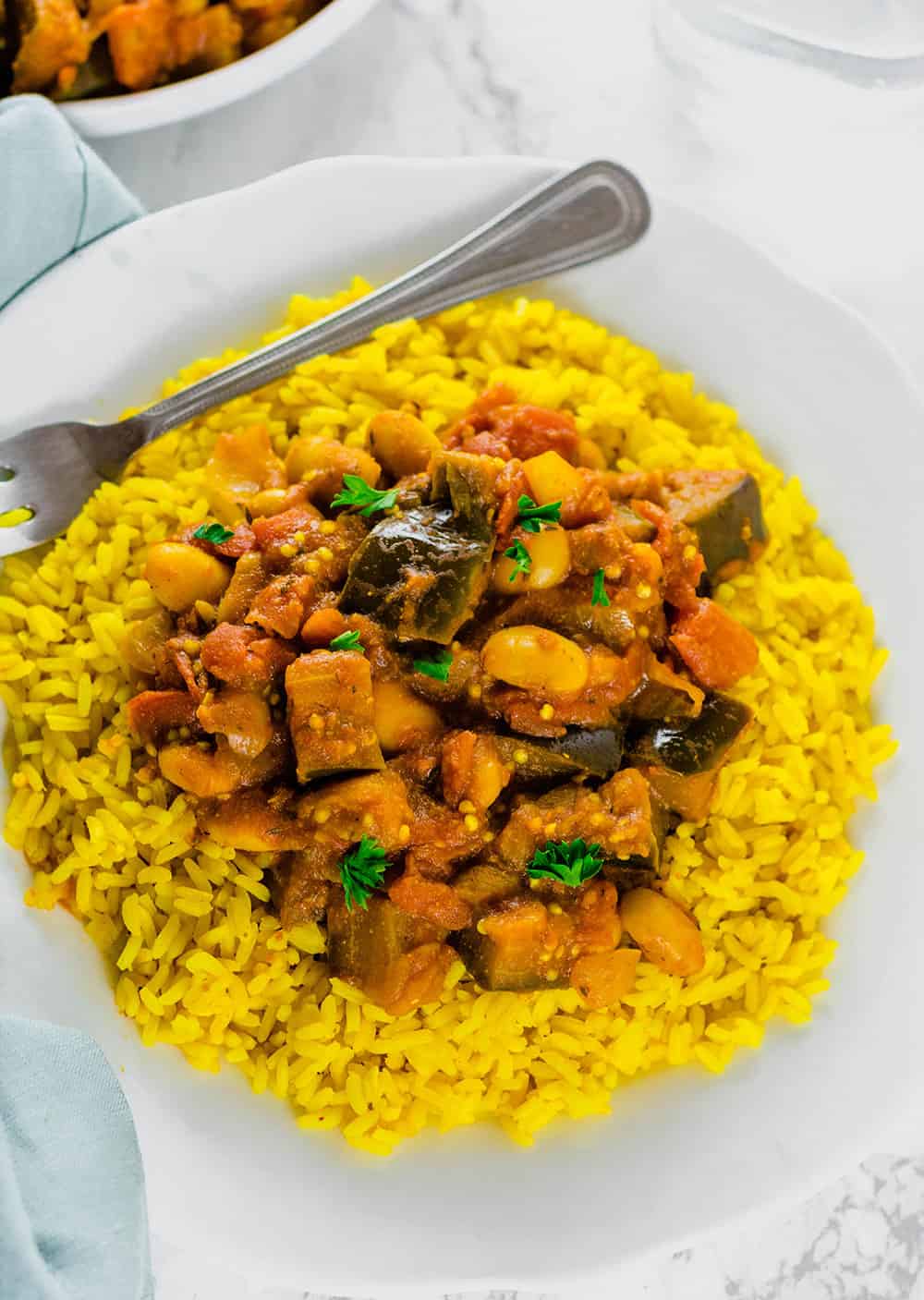 Eggplant Stew Recipe With Lima Beans Served over Turmeric Coconut Rice