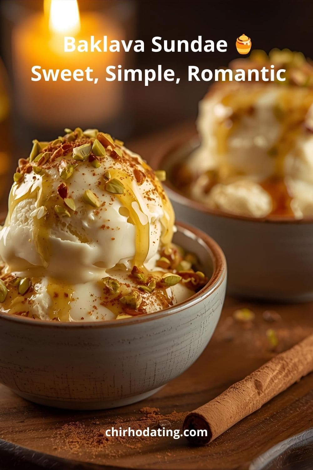 Baklava-style sundae with ice cream, honey, pistachios, and cinnamon.