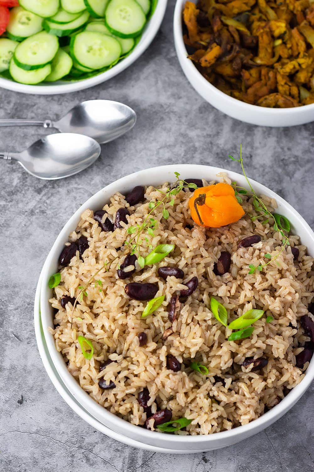 Jamaican Rice And Peas in a blue bowl