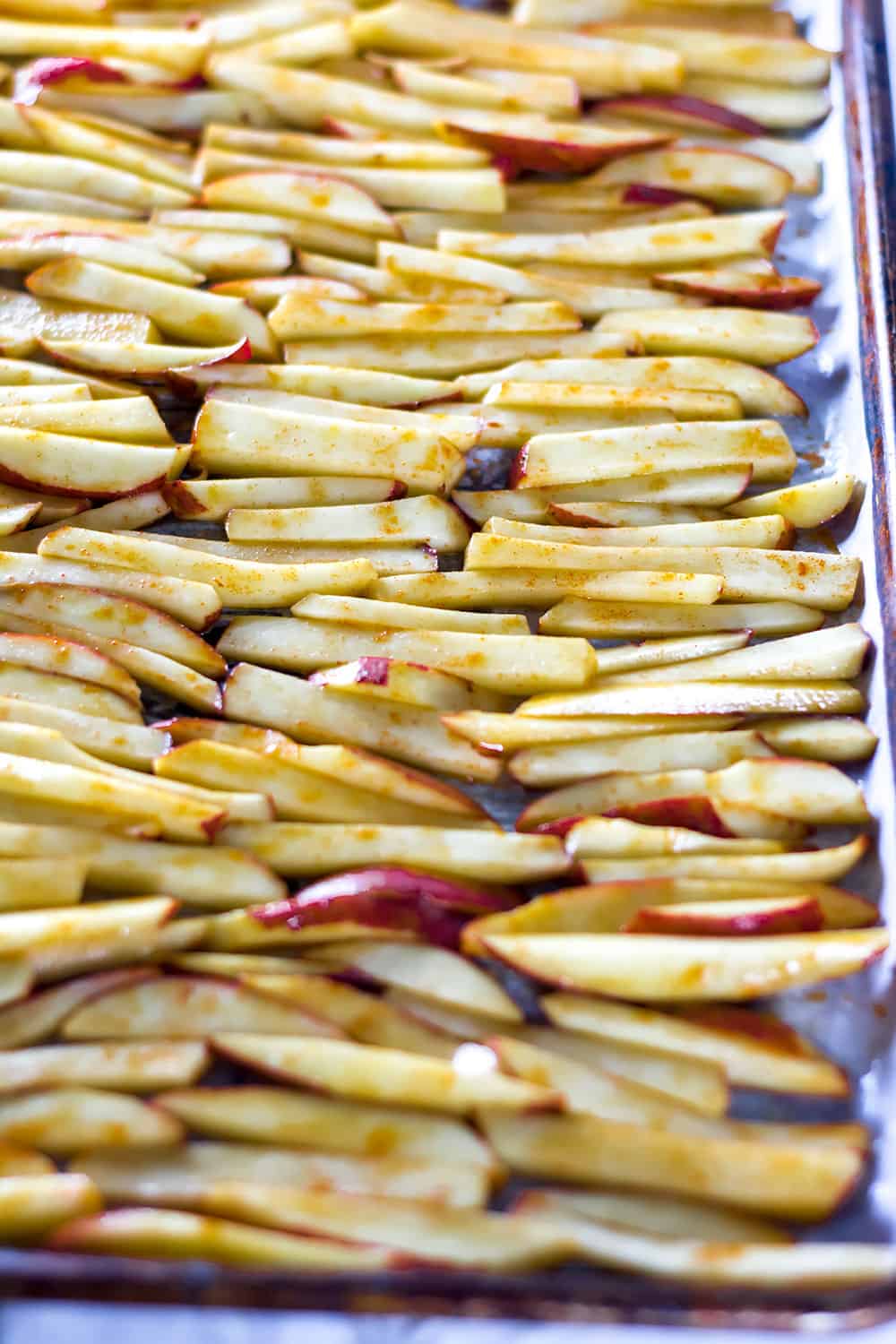 Vegan Pinto Bean Chili Cheese Fries on Baking Sheet