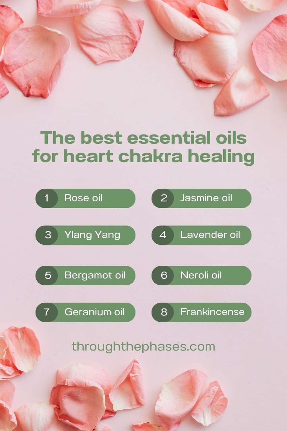 the best essential oils for heart chakra healing infographic: rose oil, jasmine oil, ylang ylang, lavender oil, bergamot oil, neroli oil, geranium oil, frankincense