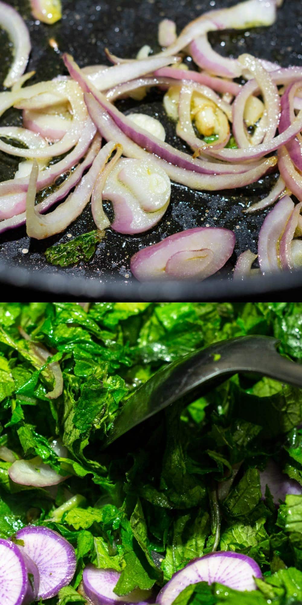 how to saute radish and radish leaves in a large silll