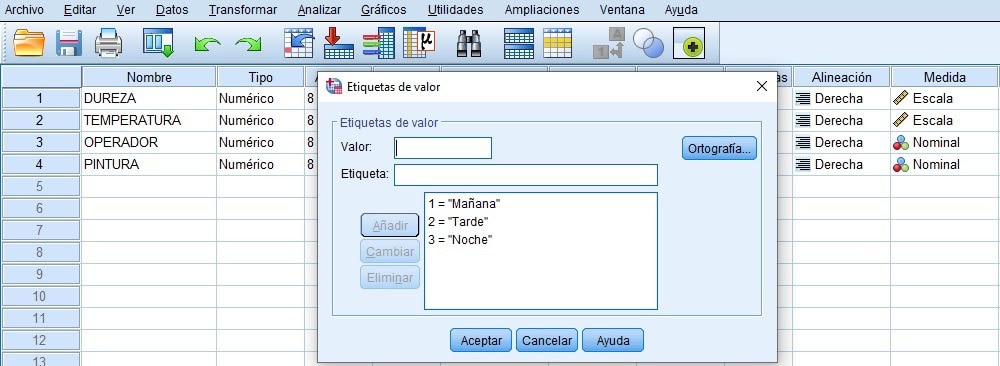 Variables en SPSS para ANOVA de 2 factores
