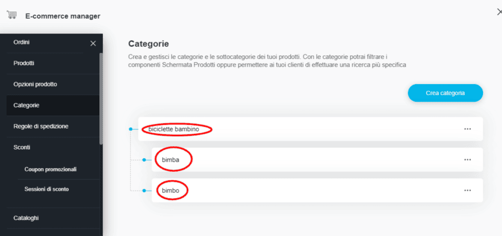 Come creare un ecommerce con One Minute Site 2.0 categorie