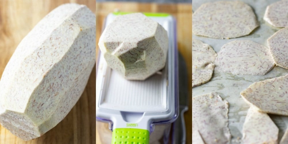 Step by step, how to make taro chips, peeled taro, taro on mandolin, taro slices on baking sheet