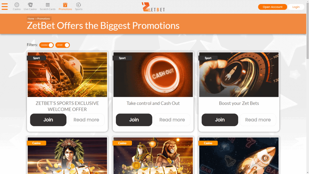 ZetBet Sport promotions page