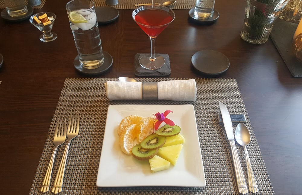 Delicious fruit and fresh cranberry juice during our breakfast